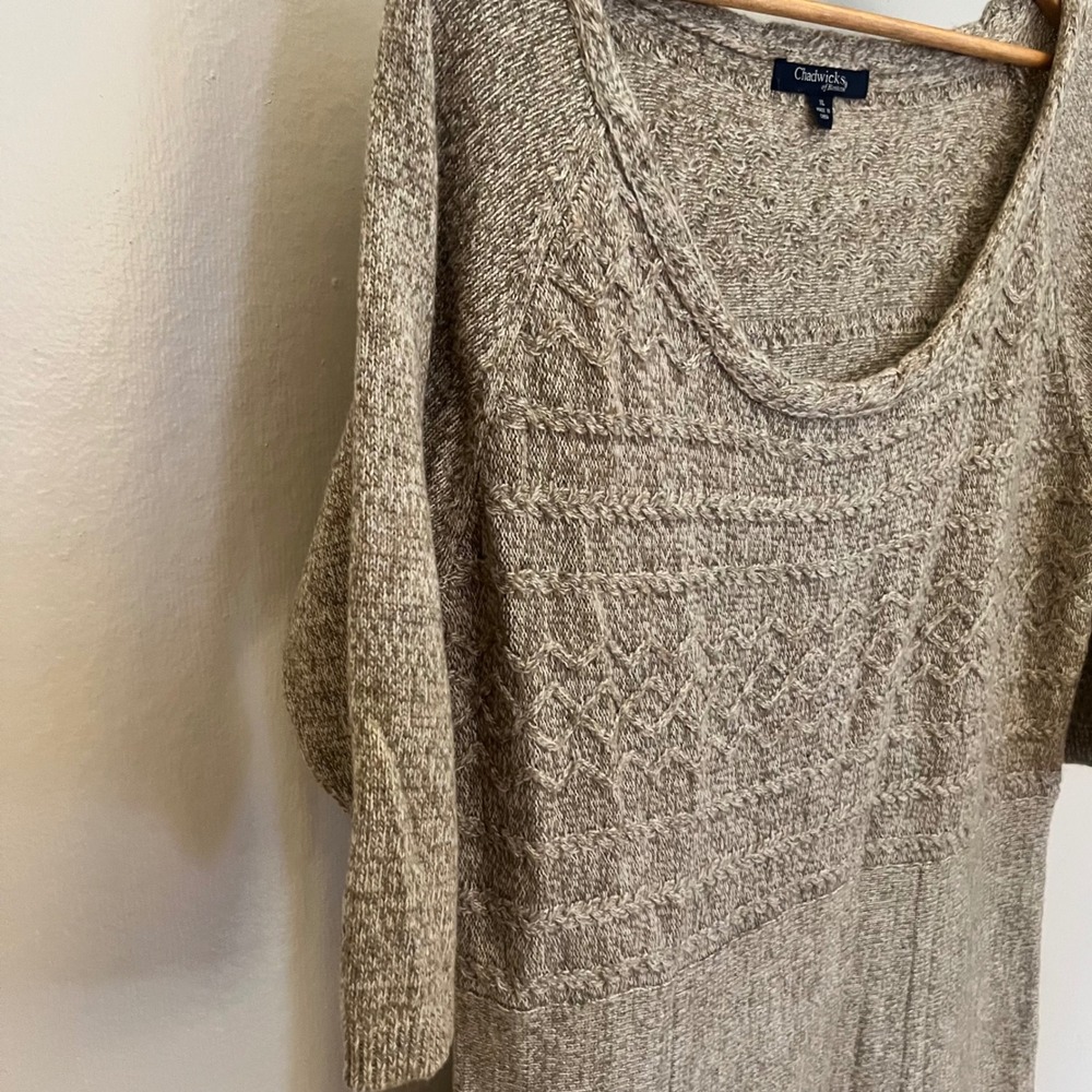 Chadwicks of Boston Marled Tan Cable Knit Lambswool 3/4 Sleeve Sweater Dress XL - Picture 3 of 10
